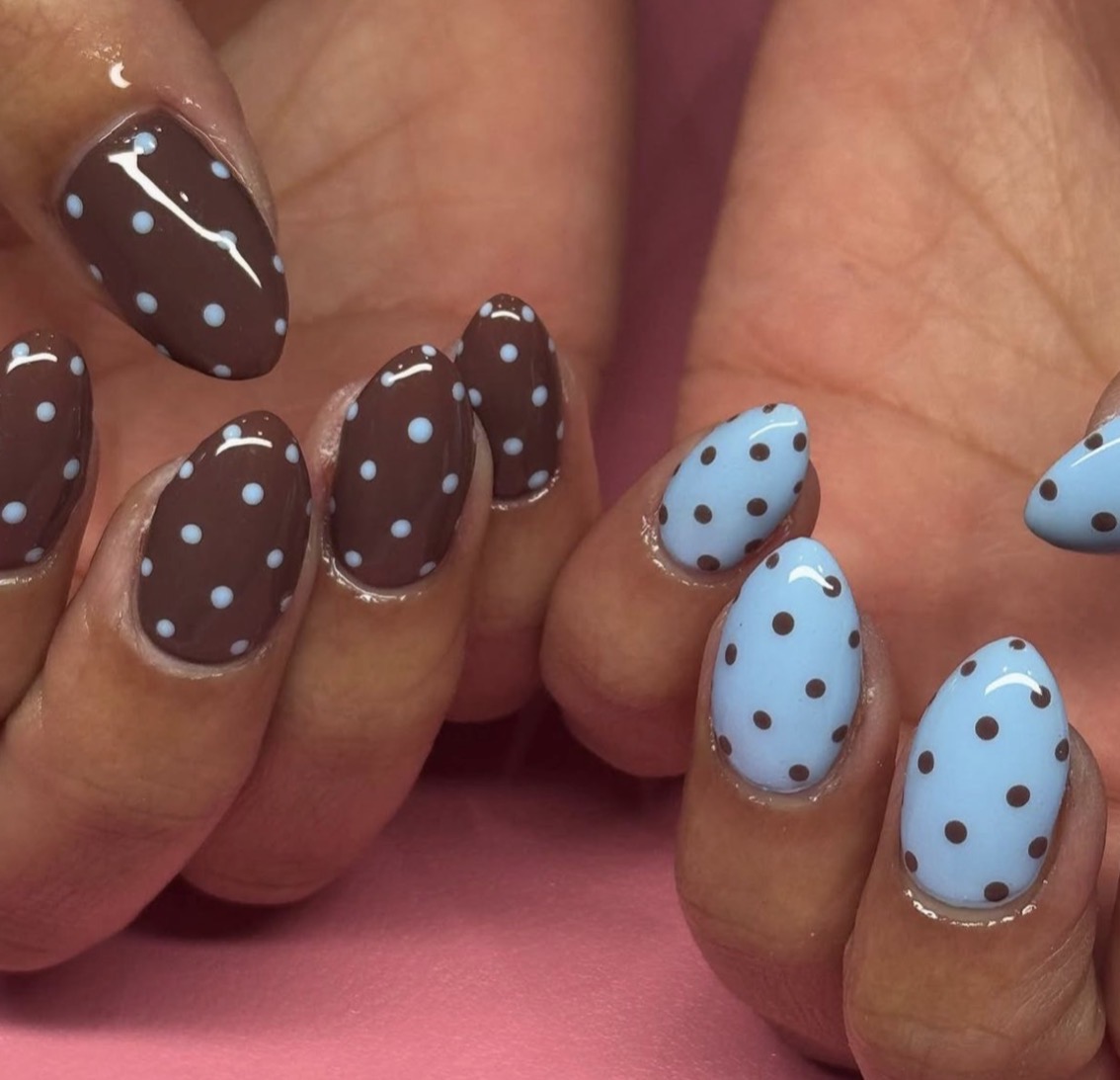 Brown and baby blue polka dot manicure